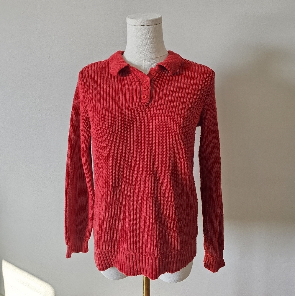 Red S Women's Sweater collared knit 100% cotton